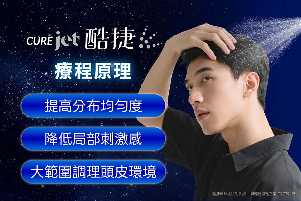 CUREJET酷捷《無針頭皮養護》是什麼？透過衛星磁浮霧化技術，使保養精華形成細小霧滴，附著在頭皮表層並延伸至指定深度，提高分布均勻度、降低局部刺激感、大範圍調理頭皮環境
