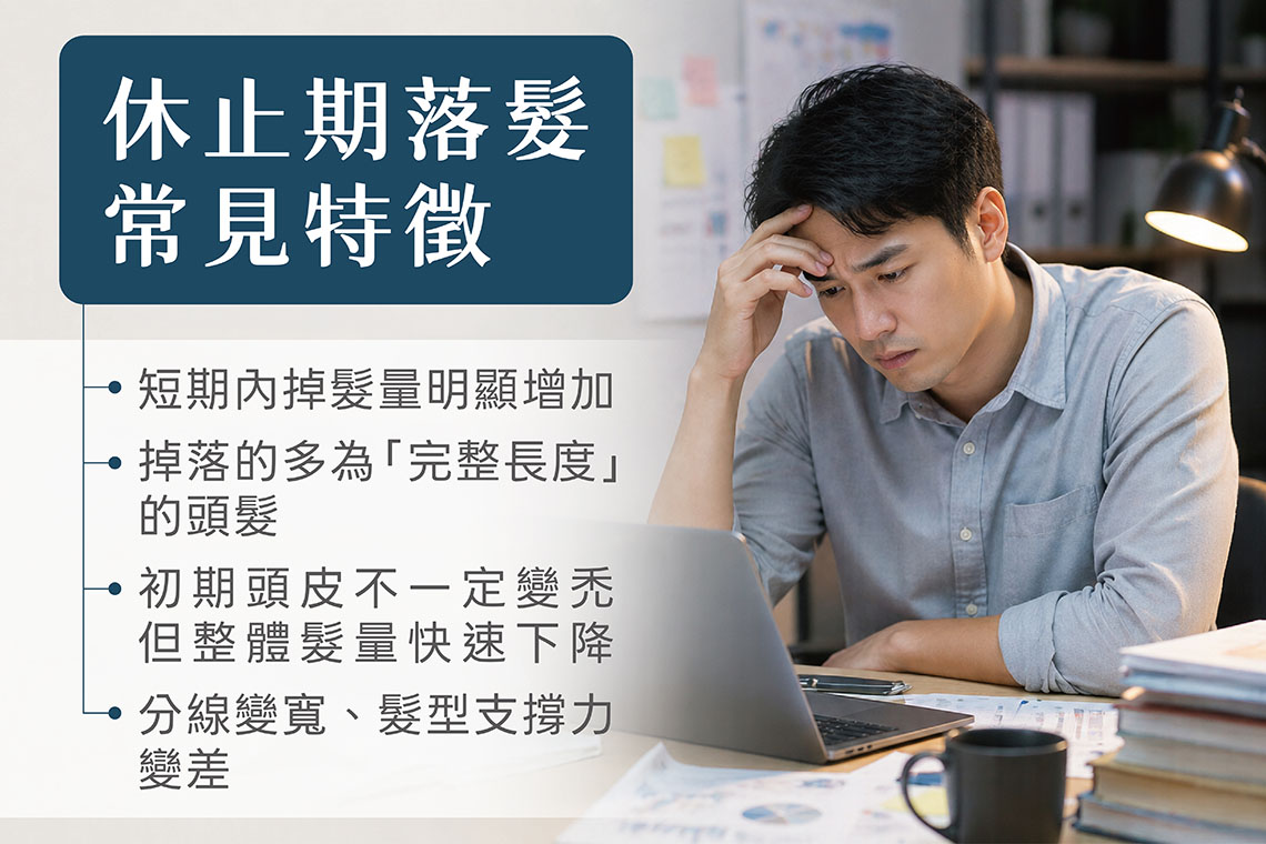 相較於遺傳型雄性禿，休止期落髮也是許多男性容易忽略的掉髮問題。這類因壓力或身體狀態改變所引起的掉髮，稱為休止期落髮（Telogen Effluvium）。