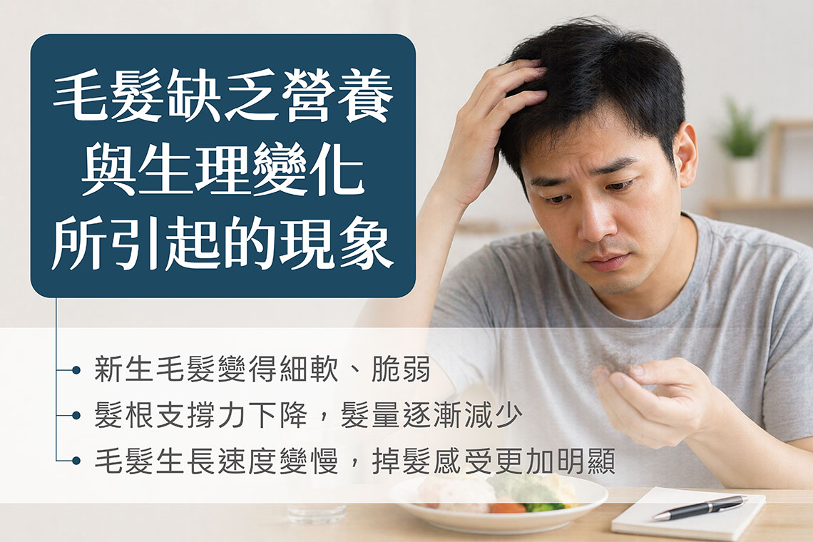 營養缺乏與生理變化：產後落髮、缺鐵或蛋白質不足。隨著年齡增長或生理狀態改變，體內賀爾蒙平衡也可能出現波動，進一步影響頭皮環境與毛囊穩定度。當毛囊同時面臨營養供應不足與賀爾蒙影響（如 DHT）時，對刺激與壓力的耐受度會明顯下降，更容易出現稀疏甚至禿髮問題。