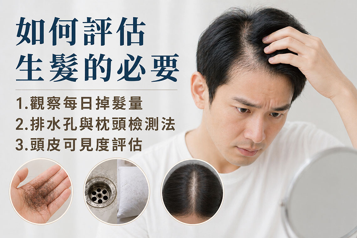 掉髮問題往往是在「還不確定嚴不嚴重」的階段被忽略。其實透過幾個簡單的日常觀察，就能初步判斷掉髮是否已超出正常範圍，是否有進一步評估生髮的必要。1.觀察每日掉髮量：分辨正常代謝還是異常掉髮。2.排水孔與枕頭檢測法：最真實的日常警訊。3.頭皮可見度評估：M型禿與O型禿的早期辨識。