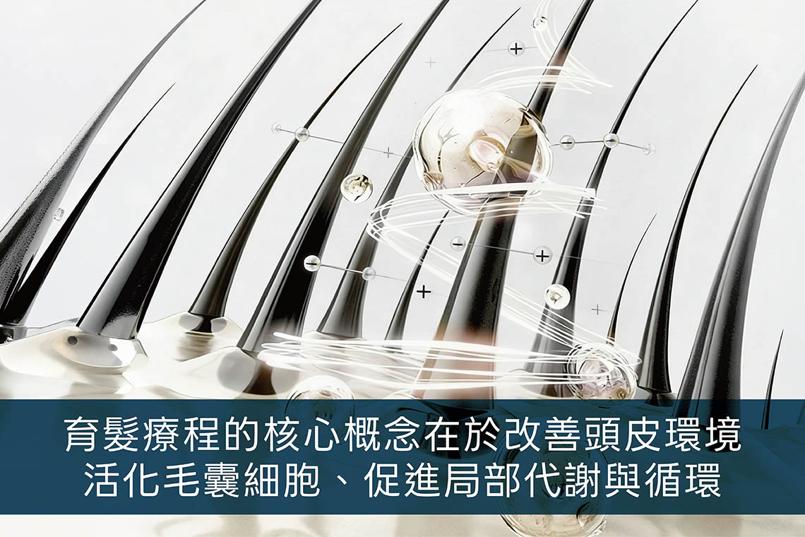 複合式生髮：育髮療程的核心概念在於改善頭皮環境、活化毛囊細胞、促進局部代謝與循環，為毛囊提供更有利的生長條件。
