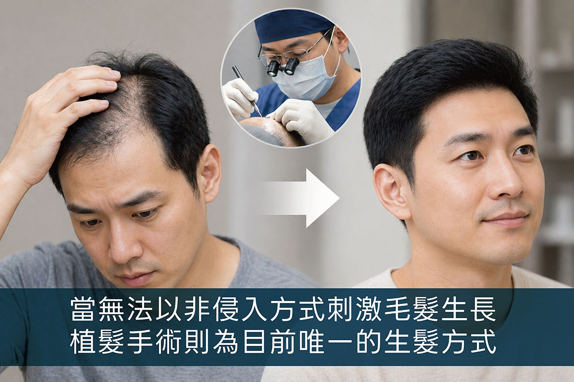 複合式生髮：當頭皮特定區域的毛囊已完全萎縮或消失，無法再透過藥物、外用生髮液或生髮療程刺激生長時，植髮手術便成為目前唯一能「重新建立毛囊來源」的生髮方式。